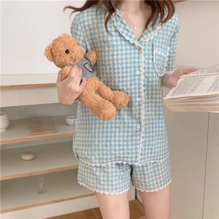 Set pyjama kẻ caro màu xanh mint chất thô đũi