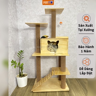 Nhà cây cho mèo 2 TẦNG bằng gỗ XINH XẮN kết hợp thảm cào poly có độ bền cao dành cho 1 - 2 bé mèo CH005