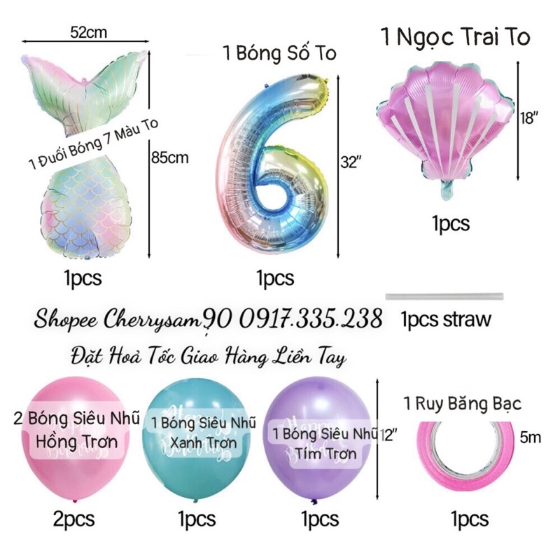Set Combo 7 Món chữ số nàng tiên cá dùng trang trí tiệc sinh nhật cho bé