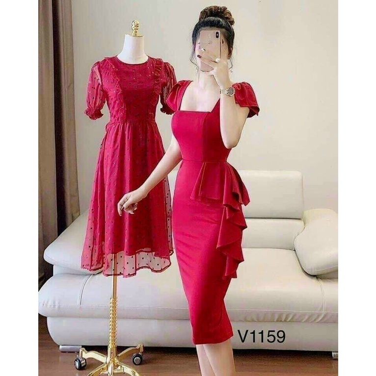 Váy đầm nữ body dự tiệc bèo hông cổ vuông tay phồng kiểu dáng thanh lịch thích hợp mặc đi làm, dự tiệc
