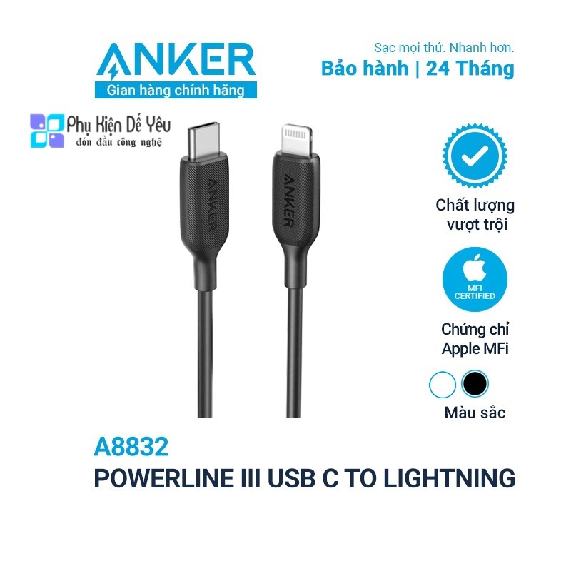 Cáp Anker Powerline III USB C to Lightning 90cm - A8832 [CHÍNH HÃNG PHÂN PHỐI VN, Bảo hành 2 năm]