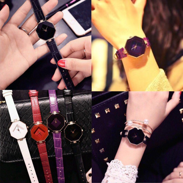 DH078 [SỈ] ĐỒNG HỒ NỮ DÂY DA LỤC GIÁC KIM CƯƠNG QUART ĐỦ MÀU | BigBuy360 - bigbuy360.vn