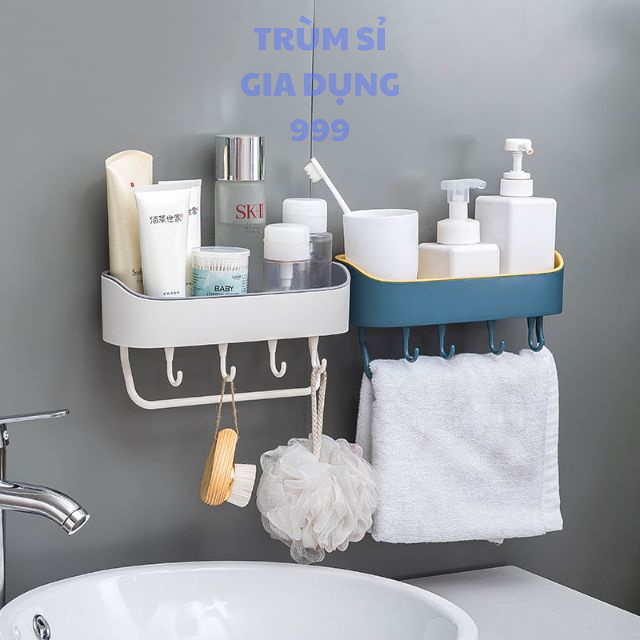 Kệ nhựa dán tường đựng đồ phòng tắm có 4 móc và 1 thanh treo đồ
