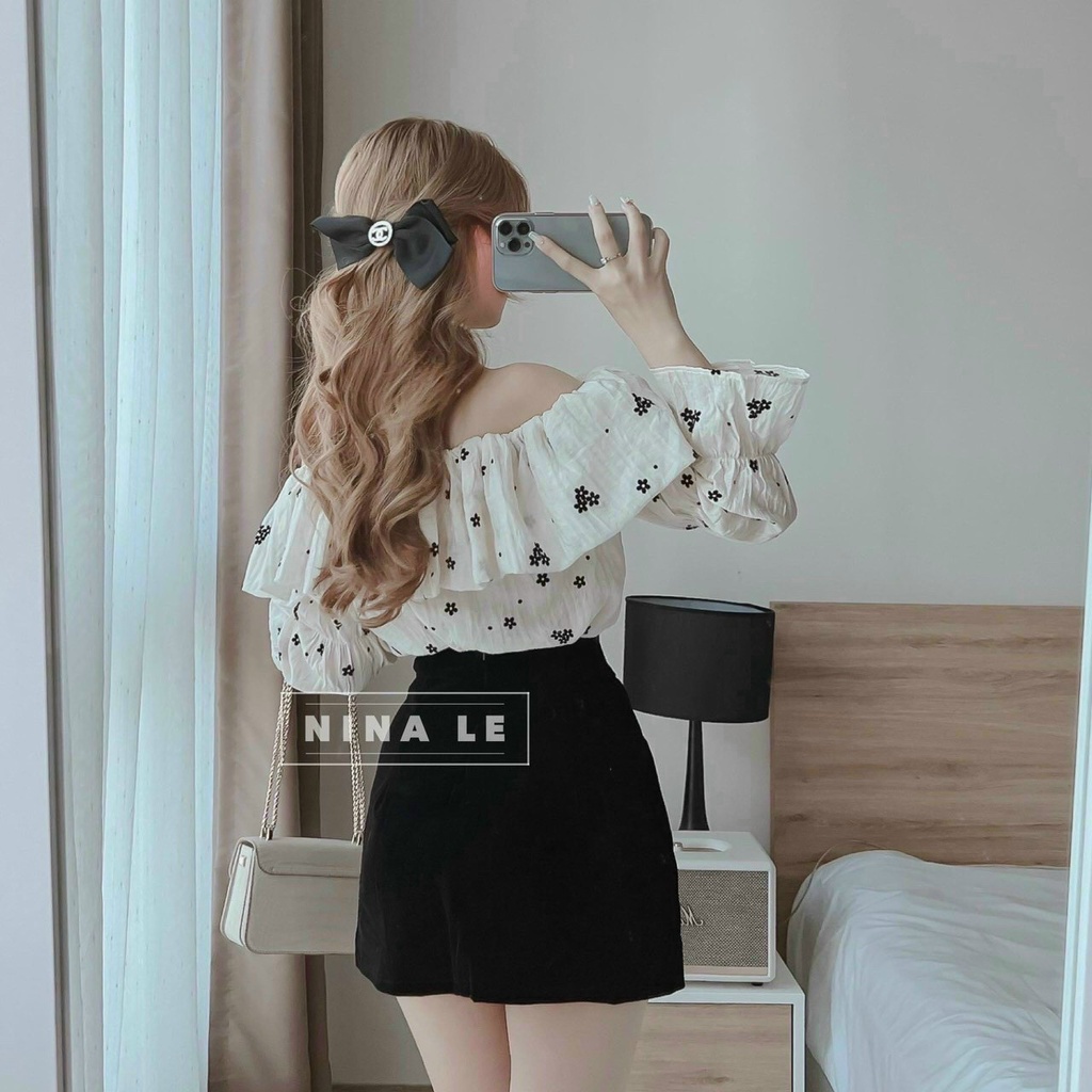 Set váy chữ A áo kiểu nữ trễ vai, váy dự tiệc cưới phối kèm áo kiểu nữ form rộng trễ vai tay dài dễ thương nhẹ nhàng
