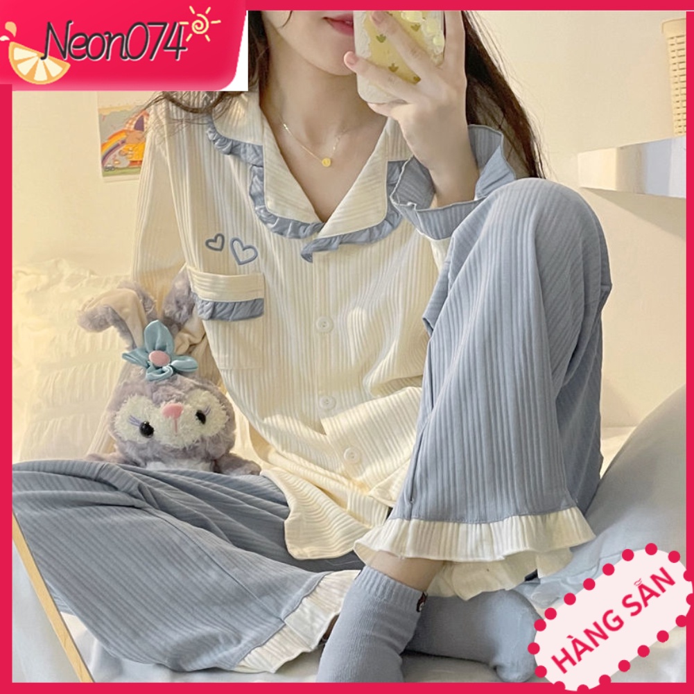 Bộ Đồ Ngủ Tay Dài Phối Bèo Phong Cách Nhật Bản Thời Trang Thu Đông Mới Cho Nữ - có túi đơn giản Neon074
