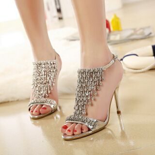 (ORDER) Sandals cao gót đính đá tua rua 9,5 cm, hàng cao cấp