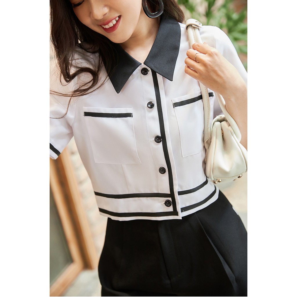 Áo sơ mi nữ công sở 20AGAIN thiết kế ngắn tay phối cổ, thanh lịch ASW0784 | BigBuy360 - bigbuy360.vn