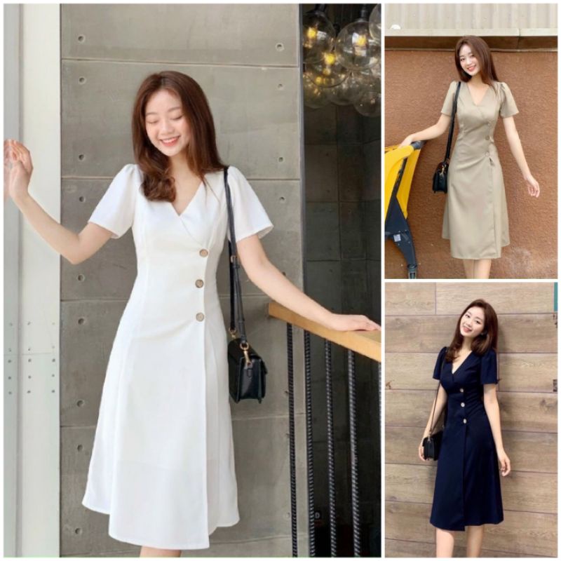 Đầm Dáng Xòe ❤️FREESHIP❤️ Cổ V Tay Phồng Ngắn Eo Đính Nút Gỗ Dây Cột Eo Sau
