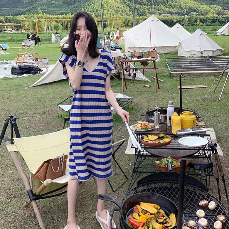 Jiashucheng Đầm Dài Cổ Chữ V Họa Tiết Kẻ Sọc Phong Cách Hoàng Gia Pháp Thời Trang Cho Nữ