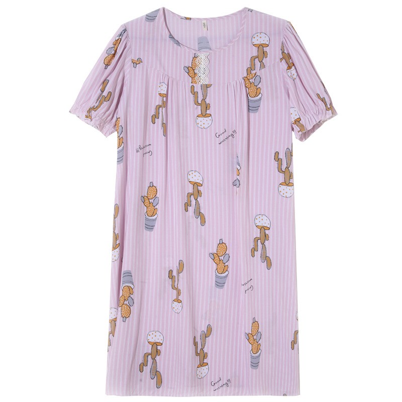 Đầm Ngủ Cotton Satin Dáng Rộng Cổ V Tay Ngắn Cho Nữ