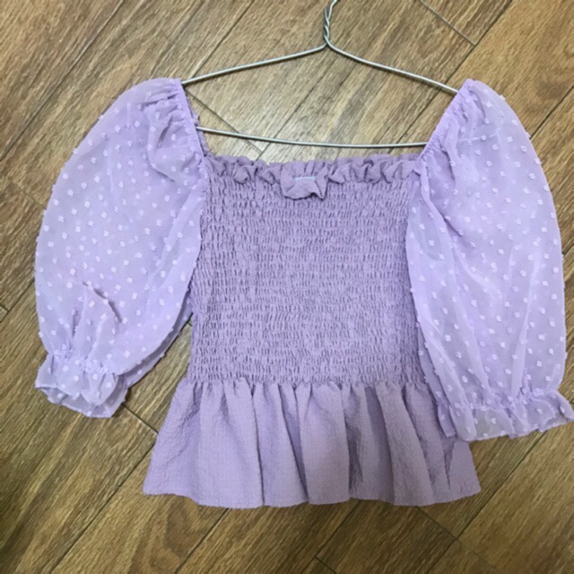 Áo cổ vuông pha tay bi màu tím siêu xinh freesize