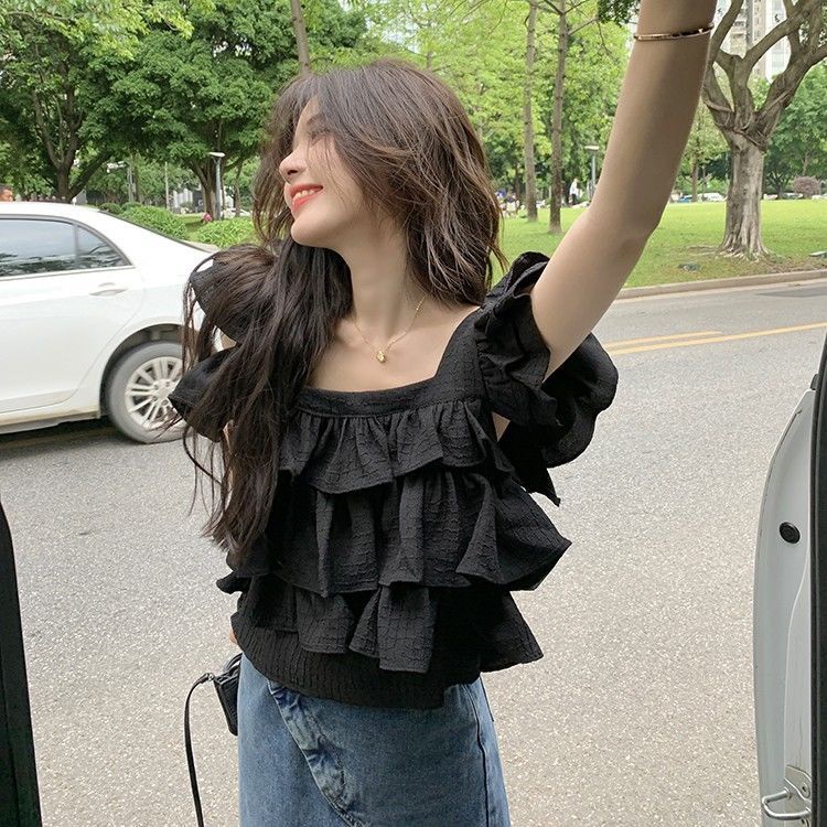 Jiashucheng Áo Sơ Mi Ngắn Cổ Vuông Tay Bèo Ngọt Ngào Đơn Giản Thời Trang Mùa Hè 2023 Phong Cách Mới