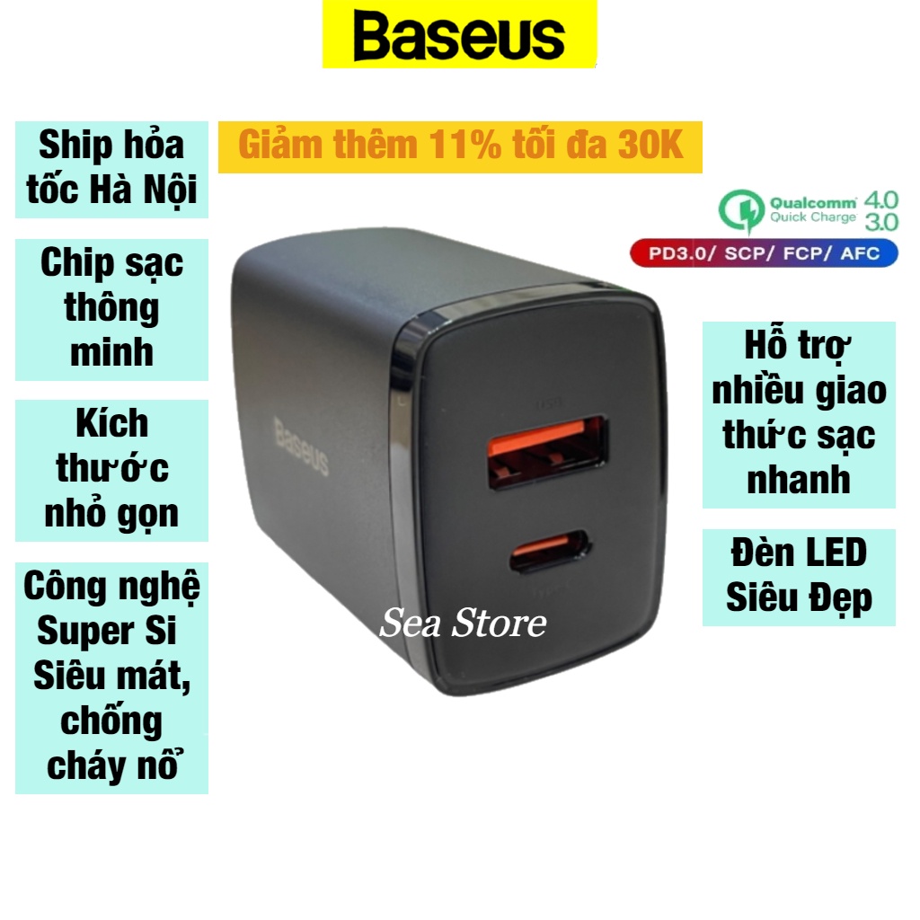 Củ sạc 20W Baseus - Hỗ trợ sạc nhanh QC3.0 - Dùng tốt cho các dòng IP, thiết bị Androi - An Toàn - Chính Hãng