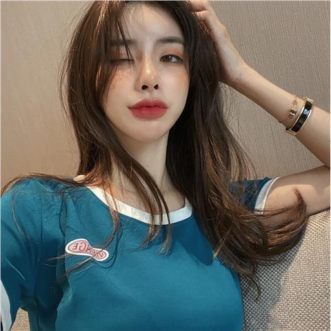 Áo Thun Cotton Tay Ngắn Hở Vai Phối Màu Tương Phản Thời Trang Hàn Quốc 2022 Cho Nữ