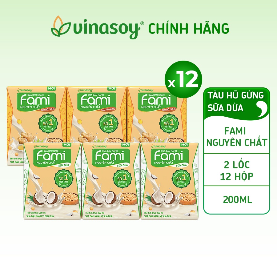 Combo 2 lốc sữa đậu nành Fami Nguyên Chất vị Tàu Hũ Gừng và Fami Nguyên Chất vị Sữa dừa (12 hộp x 200ml)