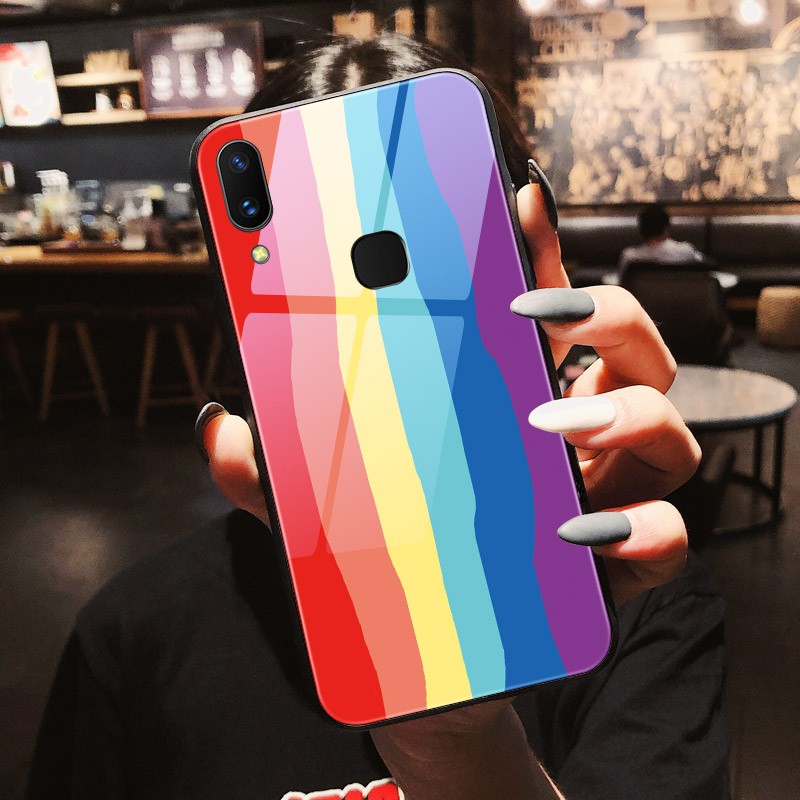 Ốp OPPO A12 A12E A52 A72 A92 A9 A5 2020 Case Colorful Rainbow Stripes Transparent Tempered Glass Cover Ốp OPPO A31 A5S A7S F11 Pro f7 F9 F1s A83 Protection Phone casing