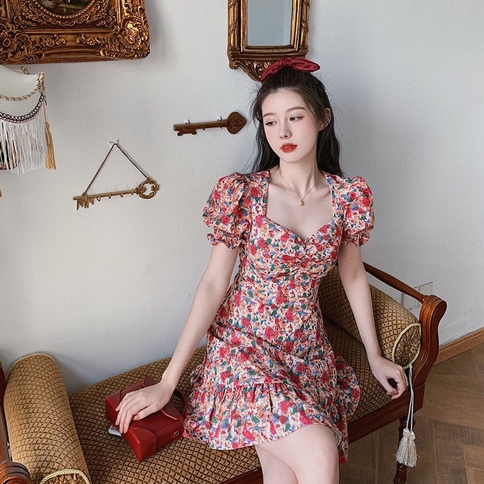 [MURIOKI] Đầm Mini Cổ Vuông Tay Phồng In Họa Tiết Hoa Phong Cách Pháp Ngọt Ngào Thời Trang Cho Nữ