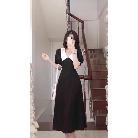 Đầm midi đen phối cổ trắng tay phồng tiểu thư MS010