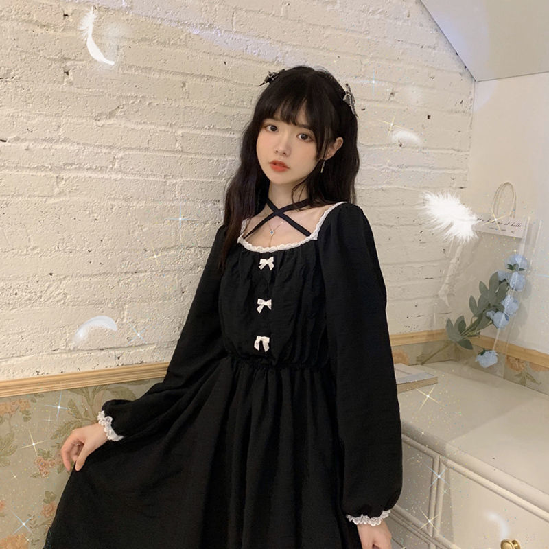Váy đen cô gái mềm mại phong cách Nhật Bản dễ thương thắt nơ dài tay váy liền Kikyo nữ