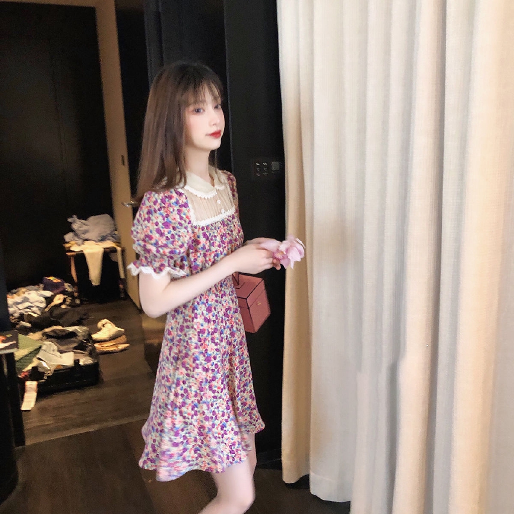 Đầm midi in hoa phối ren phong cách retro mùa hè cho nữ