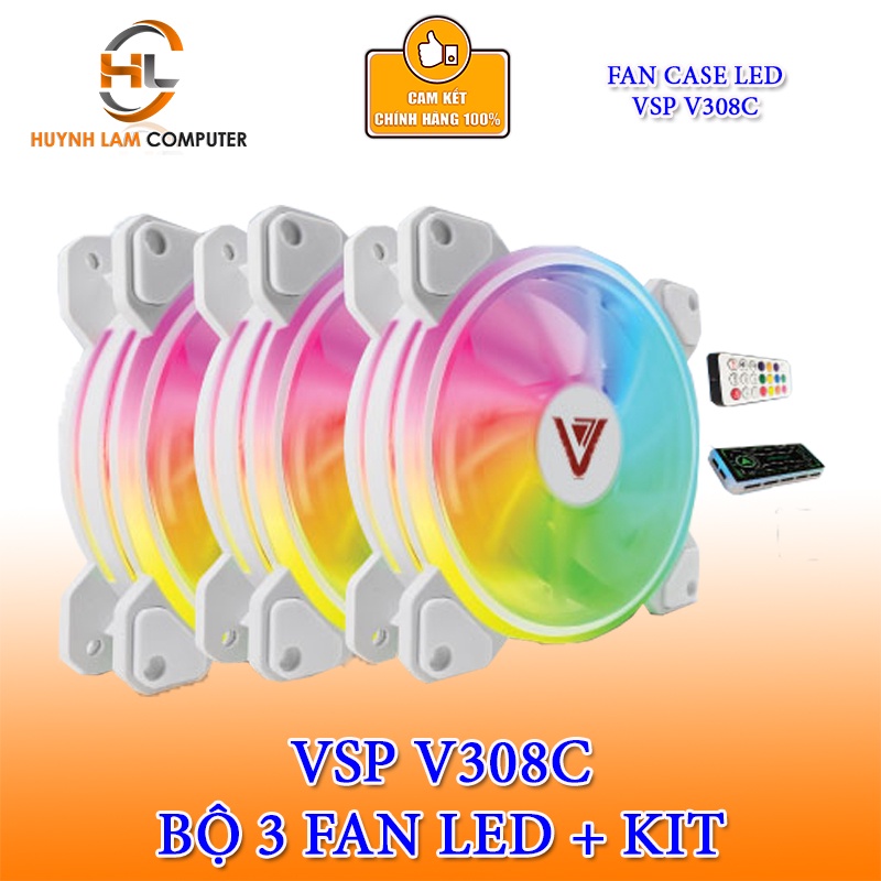 Bộ 3 Fan Case VSP V308C [TRẮNG] 12cm LED RGB (kèm Hub + Remote) - Quạt tản nhiệt