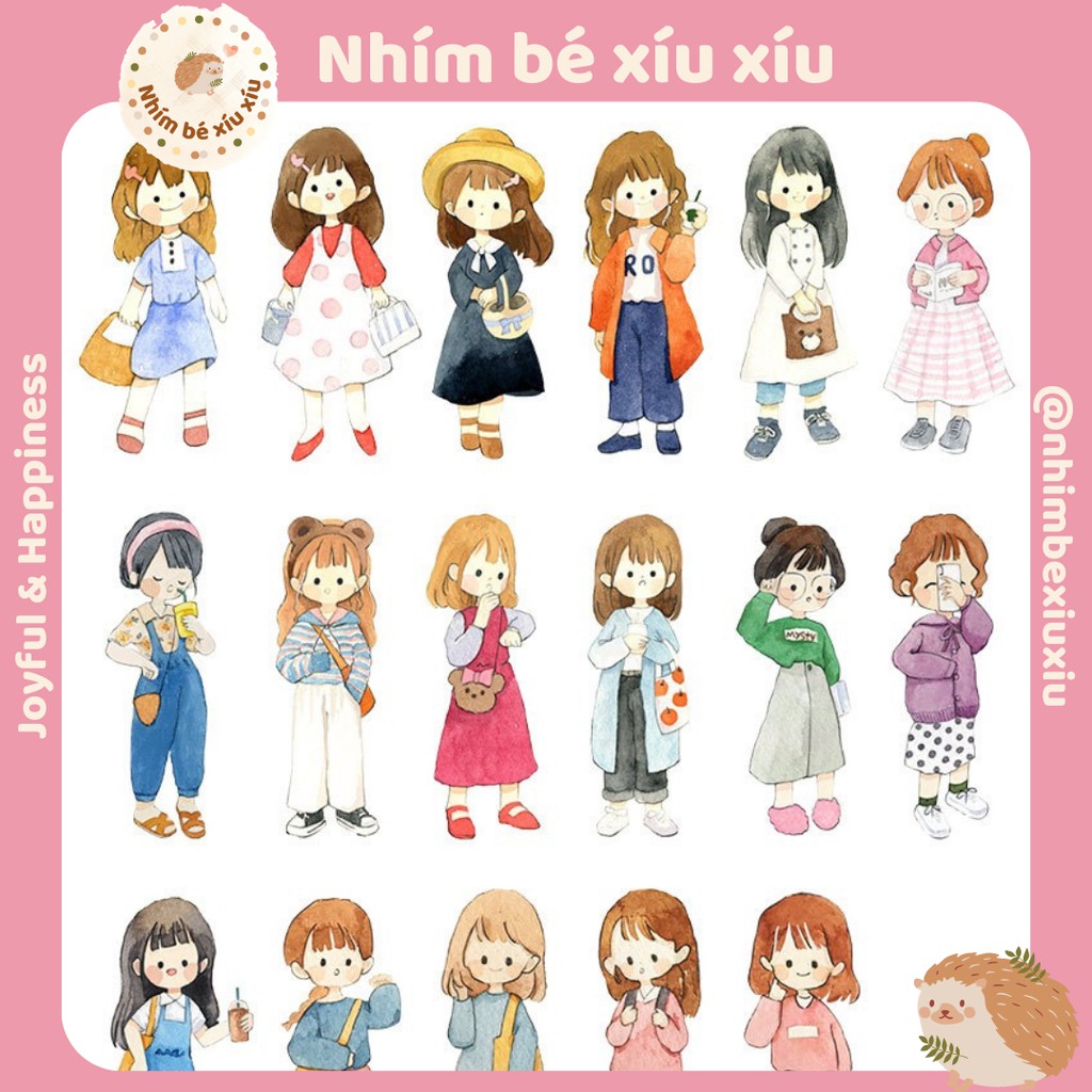 Set 51 sticker Chihiro Time cô gái Nhật Bản (17 mẫu) size lớn 6cm hình dán trang trí sổ tay