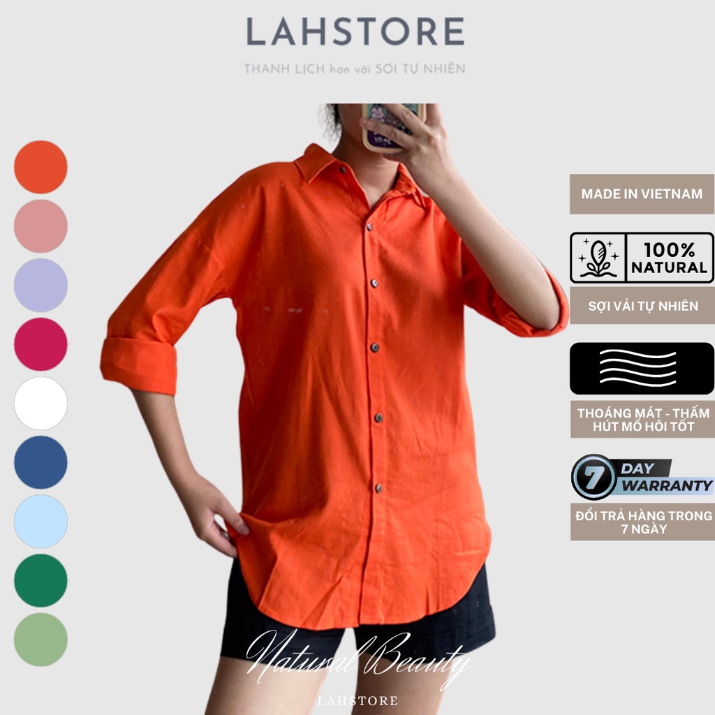 Áo sơ mi nữ form rộng 𝐋𝐀𝐇𝐒𝐓𝐎𝐑𝐄 tay dài vải linen thô basic (Cam)