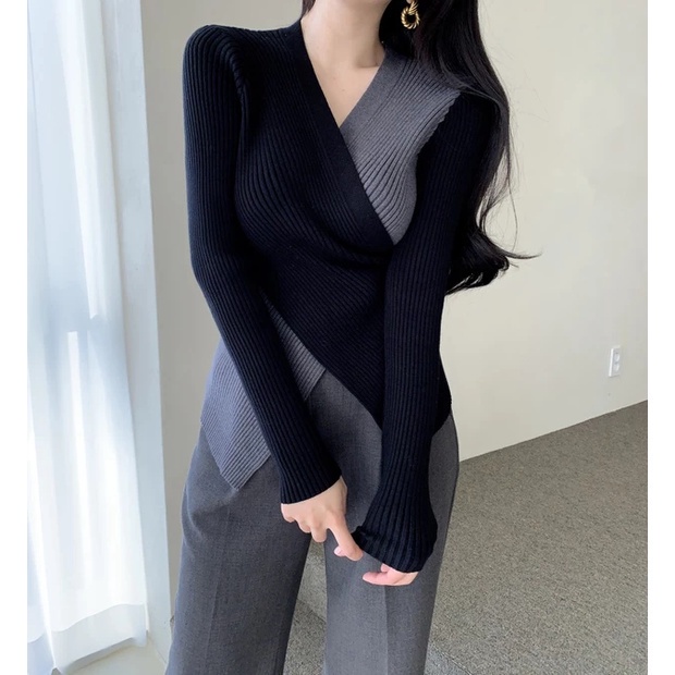 SUXI Áo kiểu dệt kim tay dài cổ chữ V bắt chéo màu sắc tương phản phong cách Hàn Quốc thời trang dành cho nữ