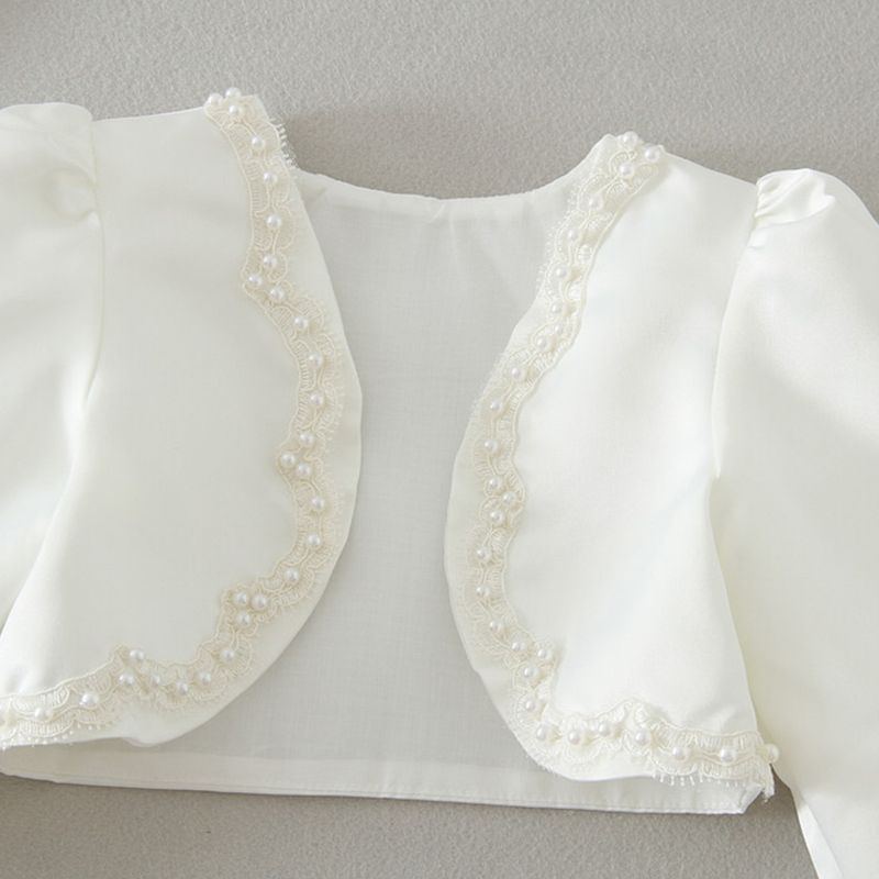 Áo Vải Satin Tay Dài Đính Hạt Giả Ngọc Trai Thủ Công Dễ Thương Cho Bé Gái