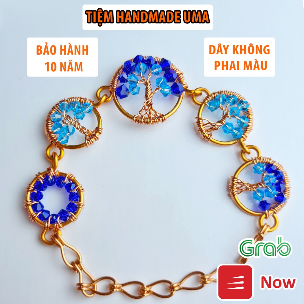 Vòng tay handmade phong thủy tree of life đính đá xanh đại dương cho nữ
