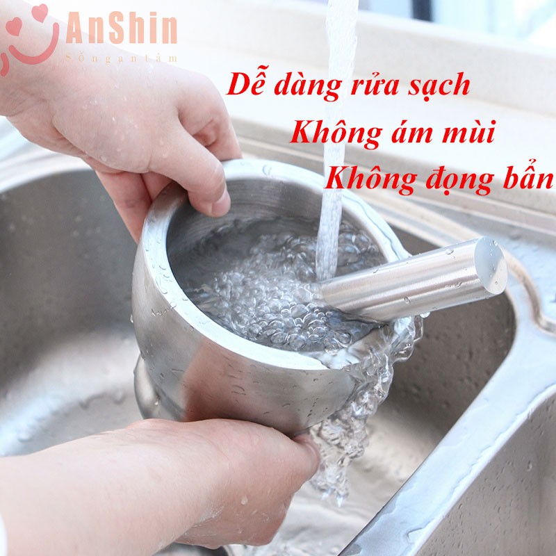 Cối chày Inox 304 chính hãng Anshin - size lớn dáng ly đường kính 13cm - kháng khuẩn, chống nấm mốc