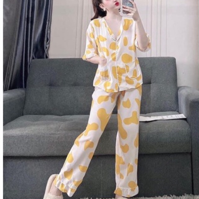 Bộ Đồ Pijama Lụa Hàn Họa Tiết Dễ Thương , Bộ Đồ Mặc Nhà , Hình Thật