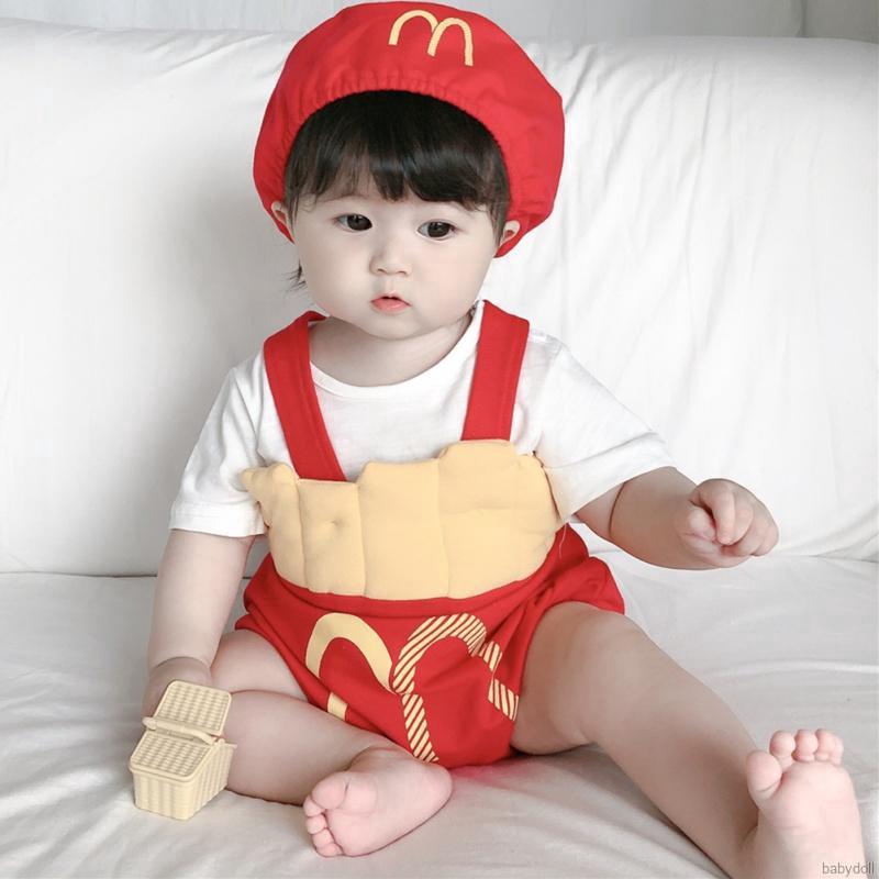 Baby Boys Girl Cute Sleeveless French Fries Covered Button Suspender Romper With Hat Baby Set