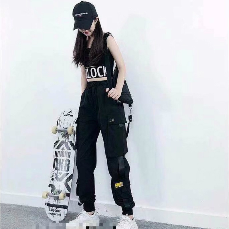 Quần dài IELGY lưng cao dáng rộng màu đen phong cách thể thao năng động thời trang dành cho nữ