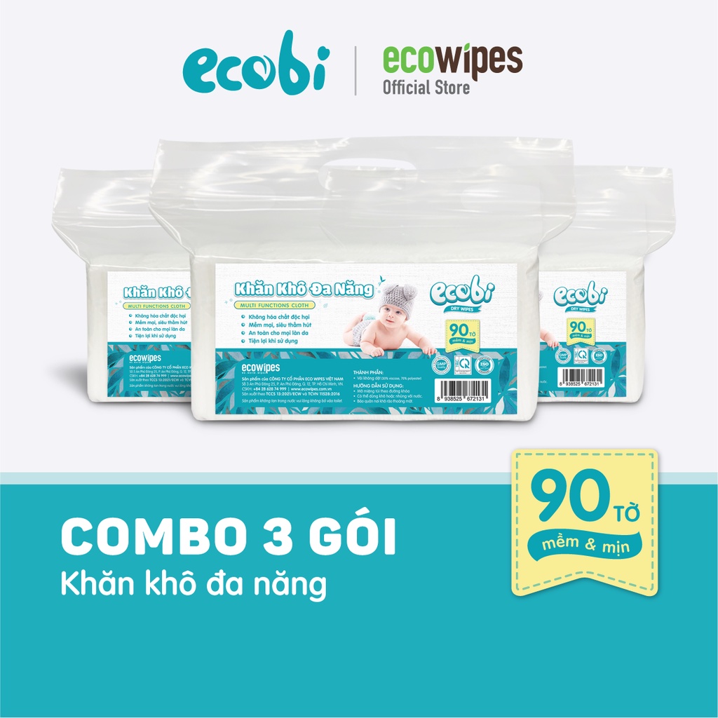3 túi KHĂN KHÔ ĐA NĂNG ECOBI 90 tờ - Dùng thay khăn sữa, an toàn cho trẻ sơ sinh