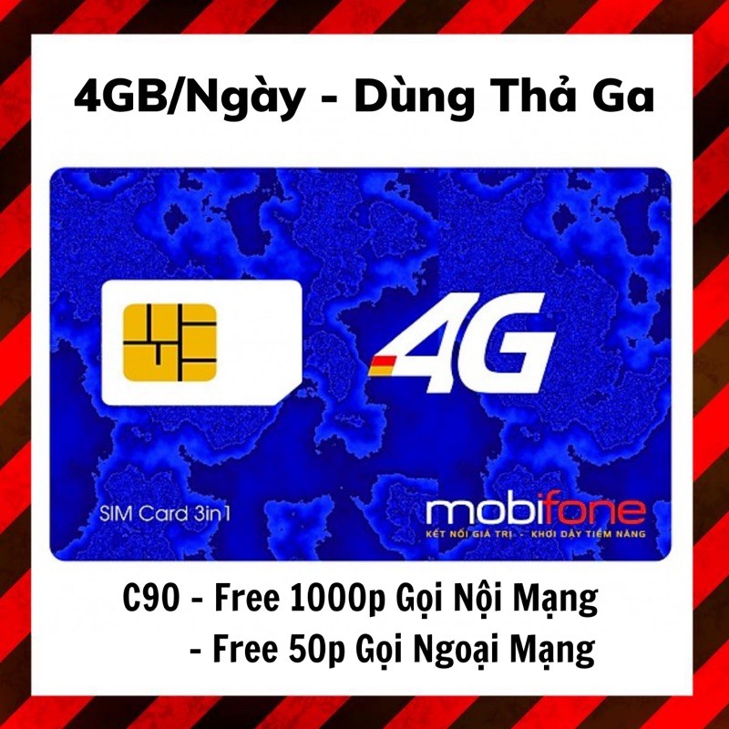 [Sim 4G 1 TỶ GB-C90] 4GB/Ngày, Miễn Phí 1000 Phút Gọi, Giá Rẻ