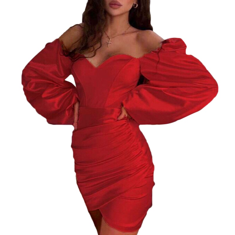 Đầm Satin Tay Phồng Dài Cổ Vuông Xẻ Tà Dáng Ôm Thời Trang Quyến Rũ Cho Nữ