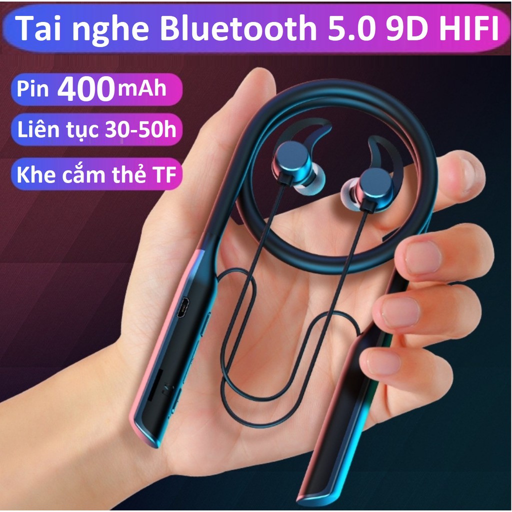 Tai nghe bluetooth đeo cổ thể thao 9D Hifi Stereo Pin 400mAh sử dụng liên tục từ 30 đến 50 giờ, Hỗ trợ khe cắm thẻ nhớ.