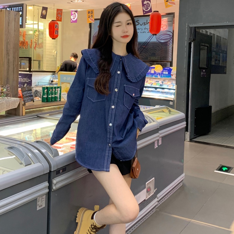 Áo sơ mi ZHELIHANGFEI vải denim tay dài dáng rộng theo phong cách retro dễ phối đồ