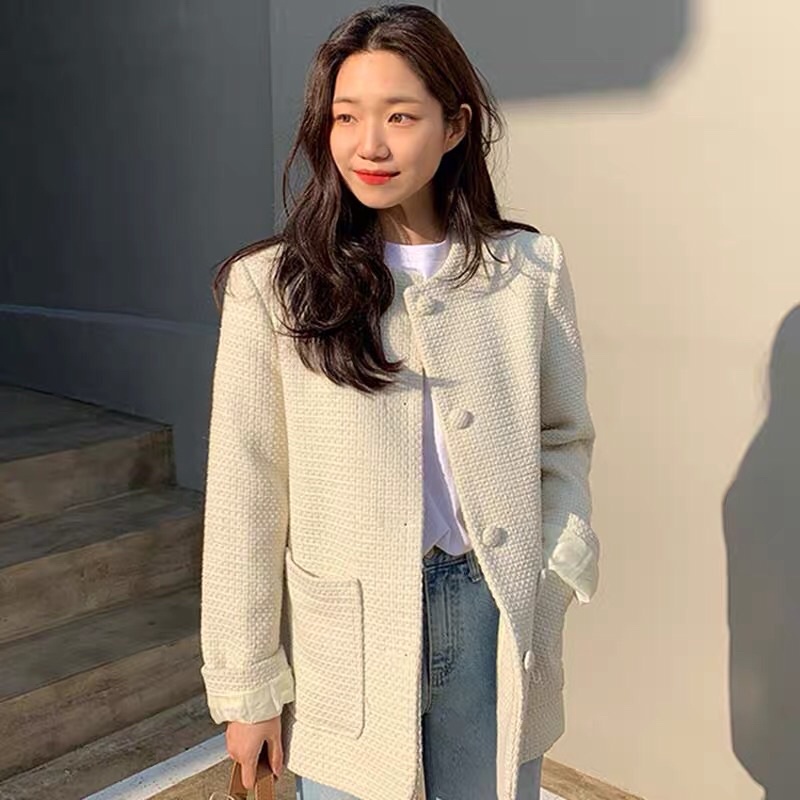 Áo khoác tweed nữ cổ tròn cúc to