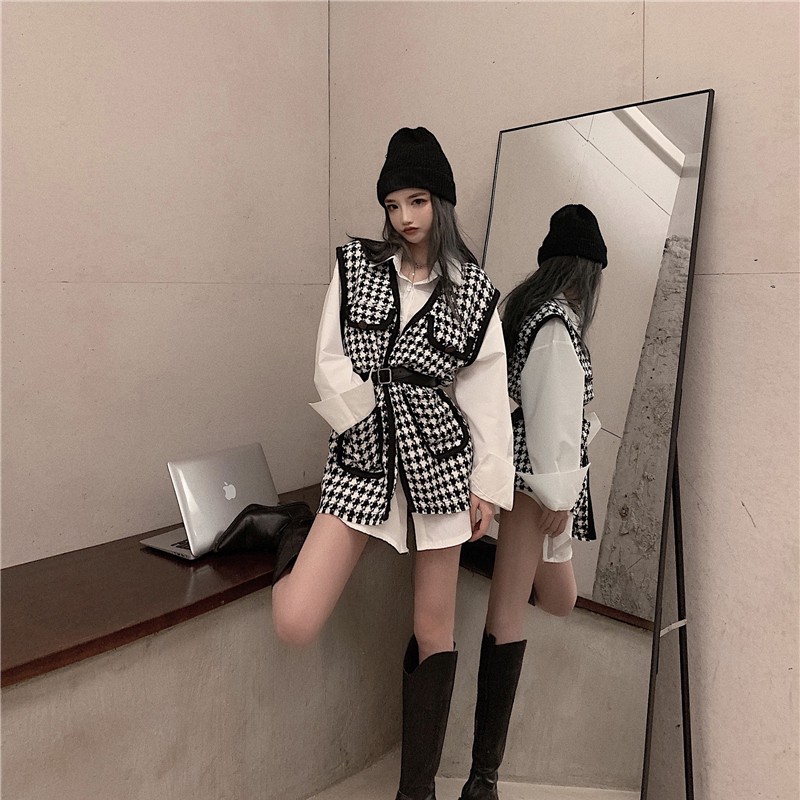 Áo Khoác Vest Không Tay Cổ Chữ V Phối Túi Họa Tiết Caro Thanh Lịch | BigBuy360 - bigbuy360.vn