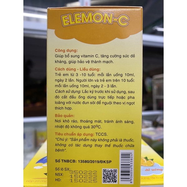 Vitamin C Elemon Tăng Cường Đề Kháng Hộp 20 Ống