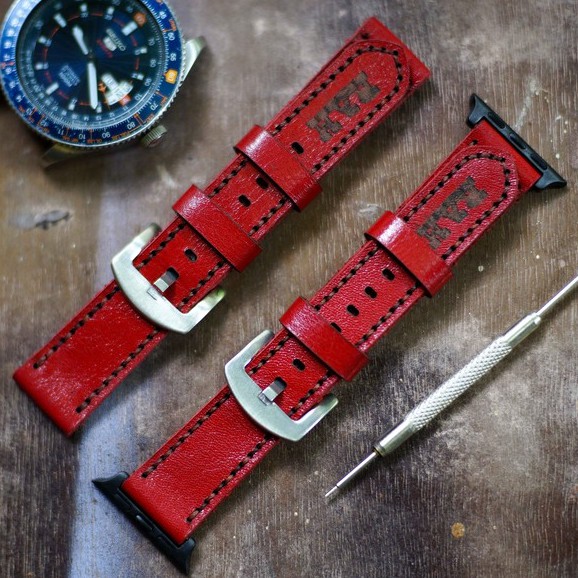 Dây apple watch da bò đỏ đô handmade bền chắc cực đẹp RAM Leather Classic 1982 - tặng khóa chốt và adapter