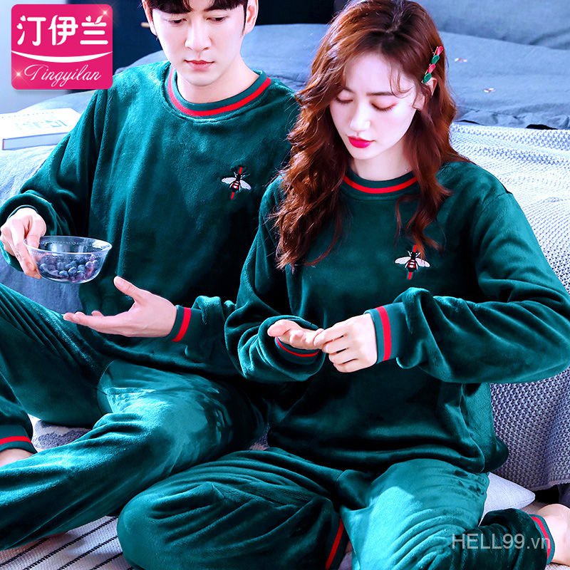 Bộ đồ ngủ tay dài cổ tròn chất liệu nỉ dày dặn thời trang thu đông cho cặp đôi