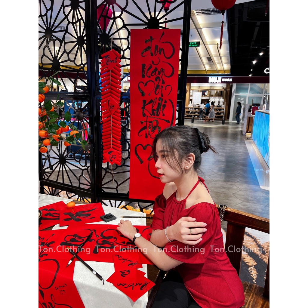 Áo Kiểu Cổ Yếm Ton.Clothing thiết kế cột nơ sau sang trọng, chất linen xô cao cấp bảng màu tinh tế AOK019