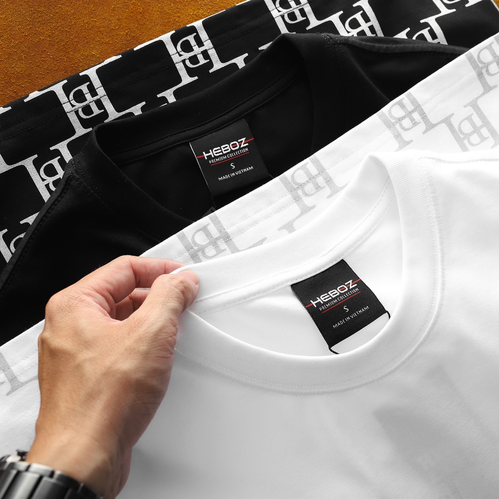 Áo thun cổ tròn nam in nhũ monogram chất vải cotton 4 chiều thoáng mát, HEBOZ - Black 00001170