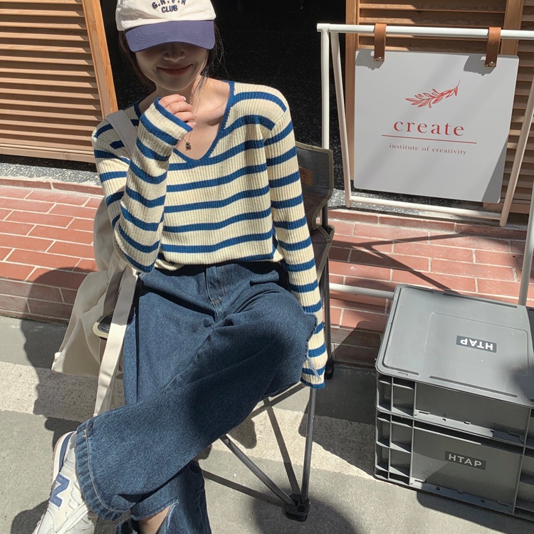 Áo len ZHELIHANGFEI tay dài cổ chữ V dáng rộng họa tiết kẻ sọc phong cách thời trang