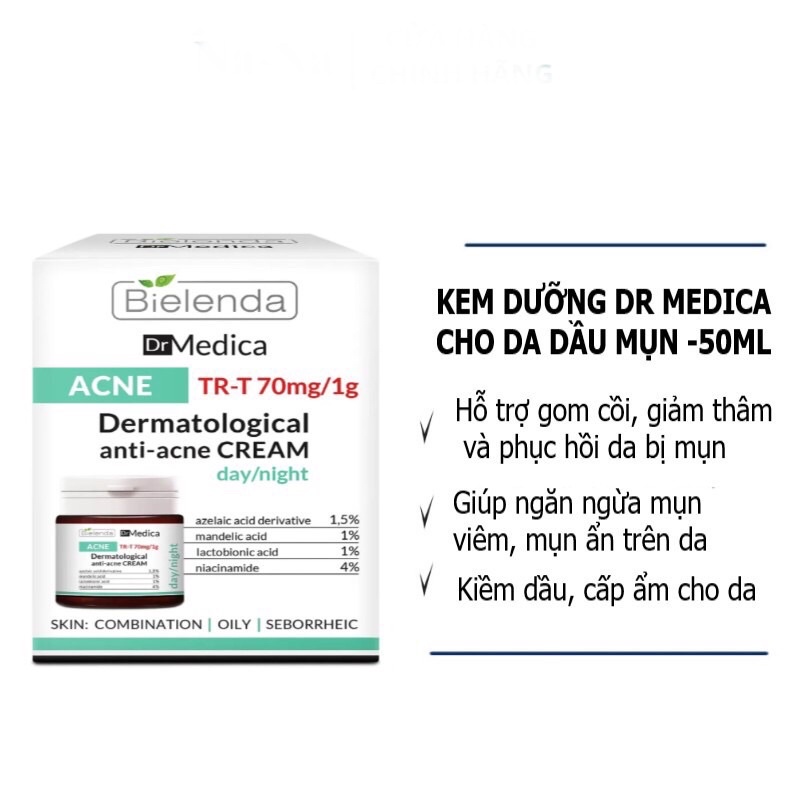 Kem dưỡng cho da dầu mụn Bielenda Dr. Medica Anti-acne Dermatological 50ml giúp giảm mụn, mờ thâm hàng Nga chính hãng
