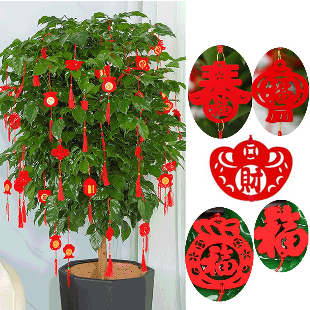 Phụ kiện treo trang trí năm mới màu đỏ đục lỗ phối tua rua xinh xắn