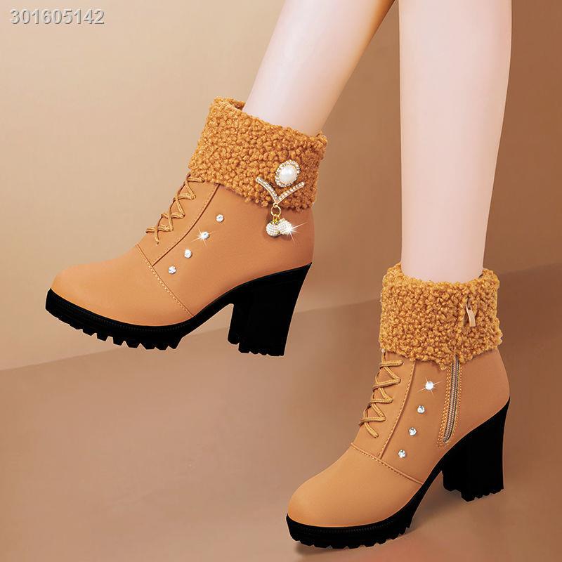 Giày bốt martin cao gót vải nhung dày dặn có khóa kéo phong cách Âu Mỹ thời trang thu đông 2021 dành cho nữ